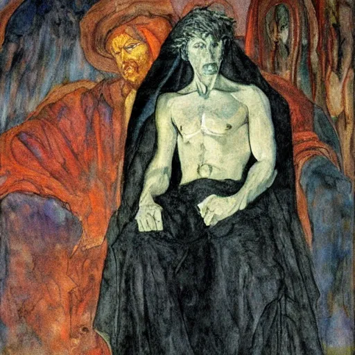 Prompt: comics sandmanin a cloak by Neil Gaiman, in style The Demon Seated, by Mikhail Vrubel, oil painting, art gallery, art museum, small details, whole-length, hyperrealism, black cloak, very detailed