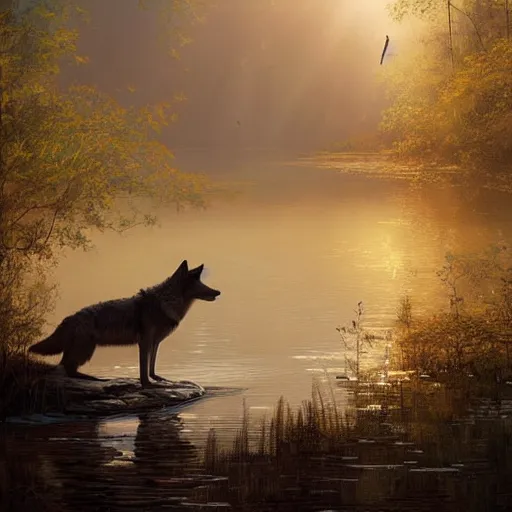 Prompt: A wolf sitting alone in a pond, golden sunlight, evening, beautiful, sad, artstation greg rutkowski