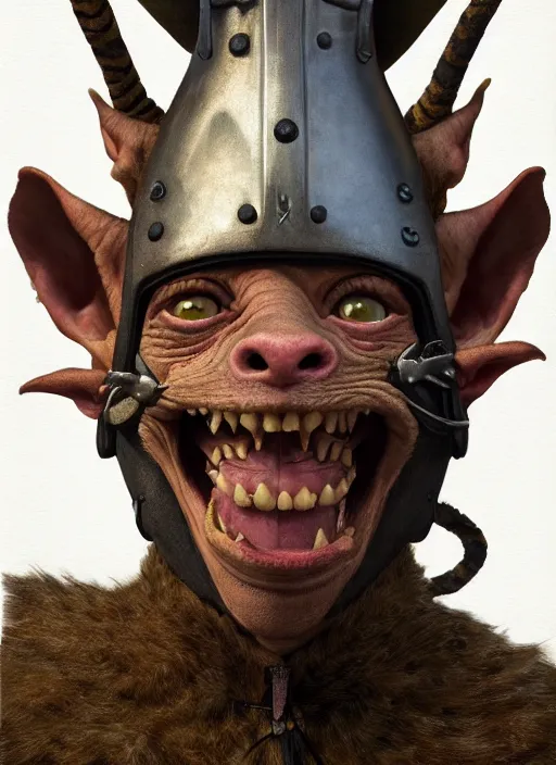 Image similar to highly detailed closeup portrait of a medieval goblin wearing cat helmets, stephen bliss, unreal engine, greg rutkowski, ilya kuvshinov, ross draws, hyung tae and frank frazetta, tom bagshaw, tom whalen, nicoletta ceccoli, mark ryden, earl norem, global illumination, god rays, detailed and intricate environment