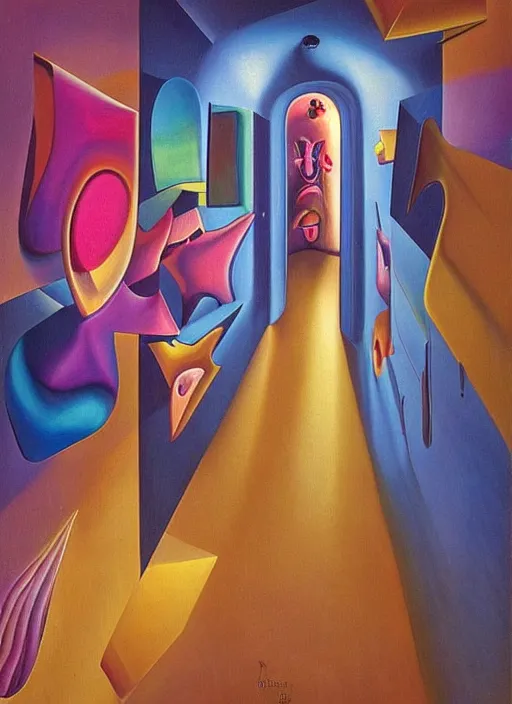 Prompt: an extremely high quality hd surrealism painting of a 3d galactic neon complimentary-colored cartoony surrealism melting optically illusiony hallway by kandsky and salvia dali the second, salvador dali's much much much much more talented painter cousin, clear shapes, 8k, ultra realistic, super realistic