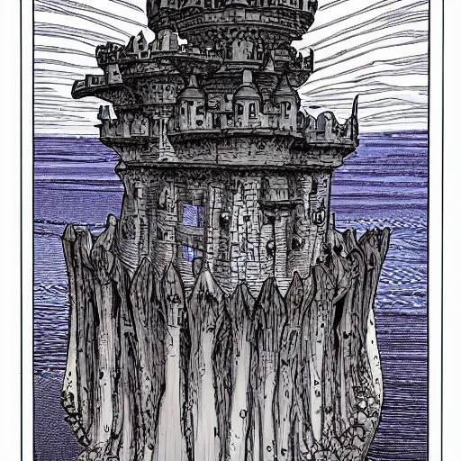 Prompt: a levitating raven castle, sci - fi by moebius