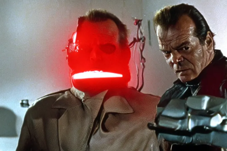 Image similar to Jack Nicholson plays Terminator, his one yes glow red, he is injured, still from the film