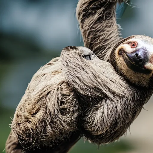Image similar to sloth killing a pigeon with cute face, aggressive sloth fighting a muscled pigeon, best photo award, high quality 8 k, cinematic lighting