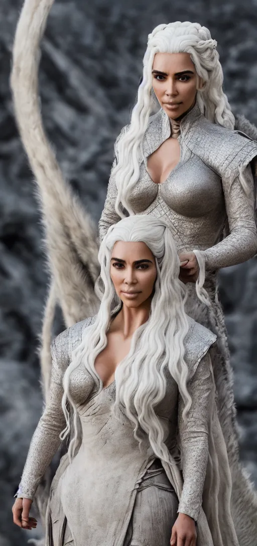 Image similar to Kim Kardashian as Daenerys Targaryen mother of dragons, drogon, XF IQ4, 150MP, 50mm, F1.4, ISO 200, 1/160s, natural light