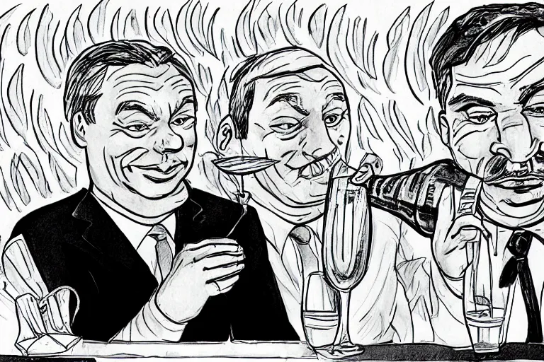 Image similar to viktor orban winking and drinking champagne with putin in front a burning city, line art