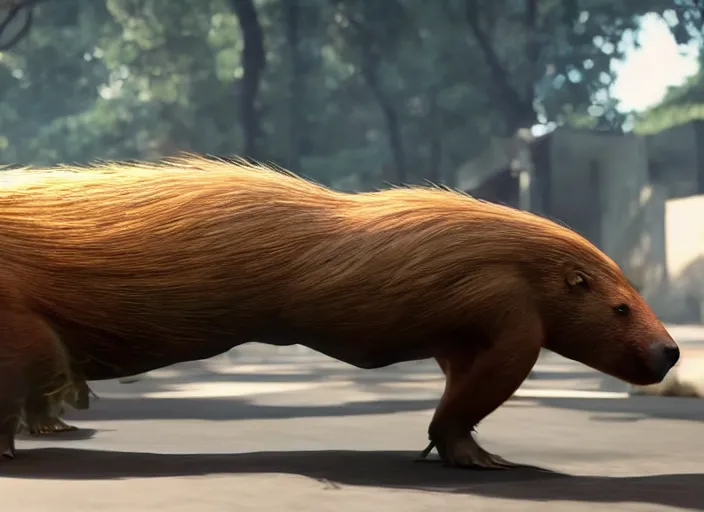 Prompt: venom fused with a capybara, ultra realistic 4 k unreal engine very cinematic render with ray tracing bloom ambient occlusion strong reflections depth of field fog