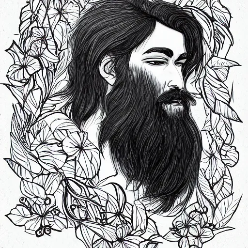 Image similar to huge male druid gray face pointy ears long beard with vines as hair hibiscus flowers detailed drawing pastelle colors