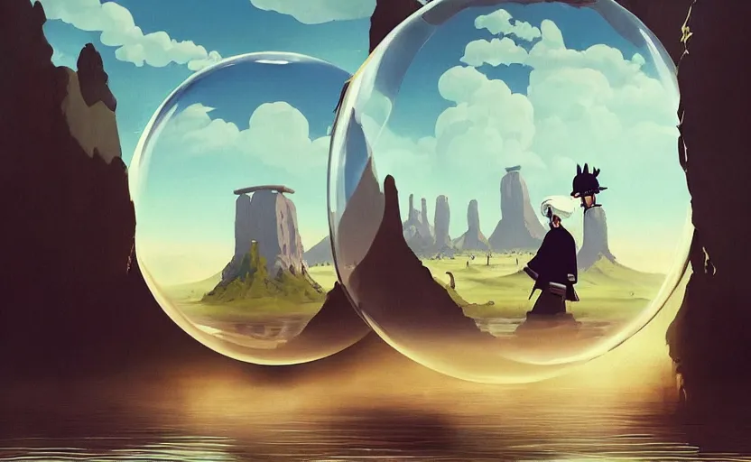 Prompt: a scary hyperrealist painting of a samurai in a giant transparent bubble from howl's moving castle ( 2 0 0 4 ) in a flooded monument valley stonehenge jungle. depth perception, 4 k, artstation, in the style of studio ghibli