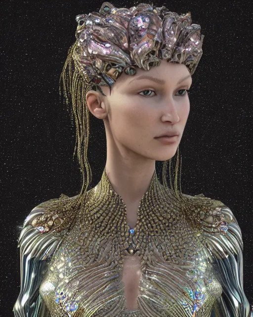 Image similar to a highly detailed metahuman 4 k close up render of an alien goddess bella hadid monument seraphim in iris van herpen dress schiaparelli in diamonds crystals swarovski and jewelry iridescent in style of alphonse mucha gustav klimt trending on artstation made in unreal engine 4