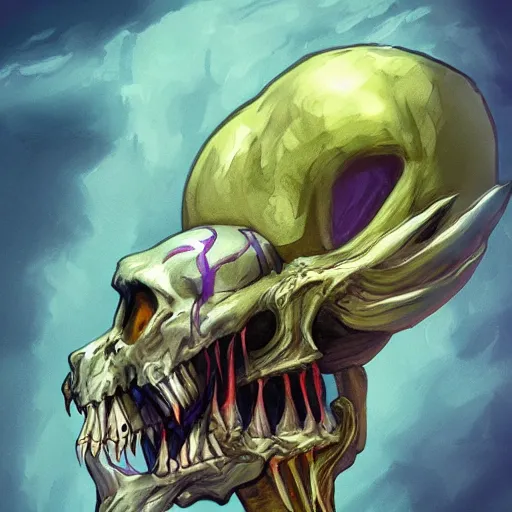 Prompt: skeletor riding on a skeleton beast, trending on artstation, ultra detailed, digital art