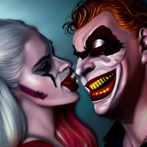 Prompt: Margot Robbie as Harley Quinn, kissing the joker, highly detailed, digital painting, artstation, concept art, smooth, sharp focus, illustration, art by jeff koons C 10.0