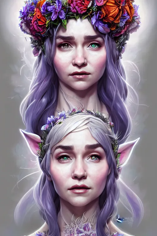 Prompt: digital art, centered full body elven bride with the face of emilia clark, vivid flower crown ,intricate, veins, by James Jean and by artgerm, by ross tran , ultradetailed, charachter design, concept art, trending on artstation,