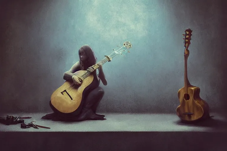 Image similar to still life. an empty brutalist chamber, lonely, somber, a cursed demonic istrument lute, oud, guitar designed by brian froud leans against the wall alone, abandoned. a thin wisp of smoke rises from the lute. late afternoon lighting cinematic fantasy painting by jessica rossier