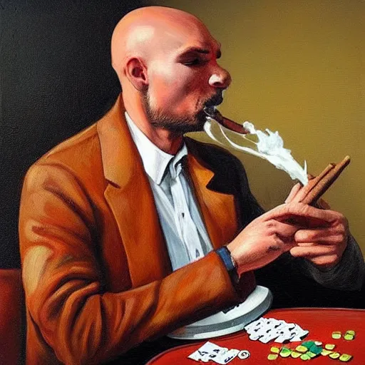 Prompt: a pitbull smoking a cigar while playing poker, painting,