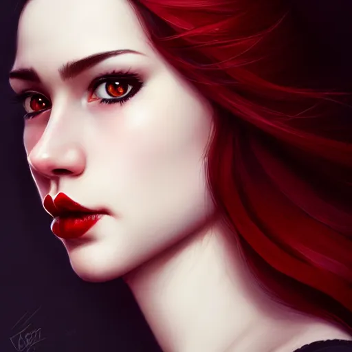 Prompt: a realistic illustration portrait of a beautiful cute girl with wavy black and red hair, a pointy nose and, round chin black eyeliner, trending on artstation, dynamic, hyper - realistic lighting, intricate, ross tran, realistic hair