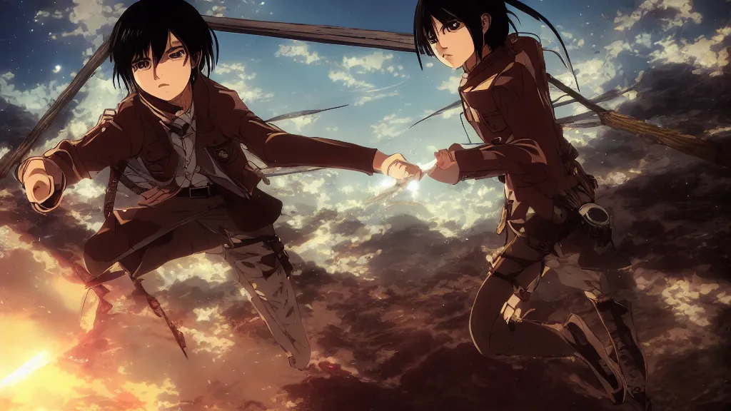 Prompt: Eren Jaeger fighting enemies, location is wall maria, style of anime called attack on titan, art station, artwork in the style of guweiz, artwork in the style of Z.W. Gu, depth of field, cinematic, dramatic lighting, shafts of light, balls of fire, night time with starry sky, golden ratio, rule of thirds