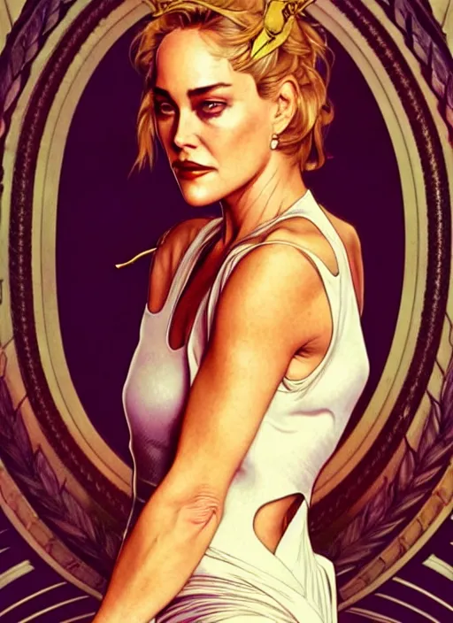 Image similar to young sharon stone as a serial killer queen, incredibly detailed face, light half opened dress, true anatomy, art by artgerm and greg rutkowski and alphonse mucha