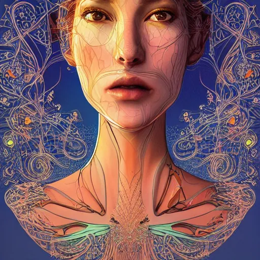 Image similar to the portrait of a ridiculously beautiful and elegant woman with a humongous nose, an ultrafine detailed illustration by james jean, final fantasy, intricate linework, bright colors, behance contest winner, vanitas, angular, altermodern, unreal engine 5 highly rendered, global illumination, radiant light, detailed and intricate environment