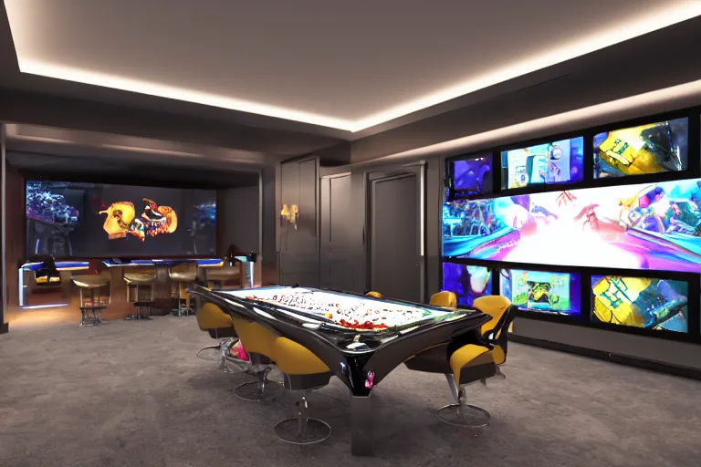 Prompt: a octane render of a large, luxury gaming room with all the best in gaming gear. vr headsets, expensive computers, curved monitors. gaming chairs, disco balls. soda fridge. lots of candy and chips. large flatscreen tvs. youtube trophy. highly detailed.