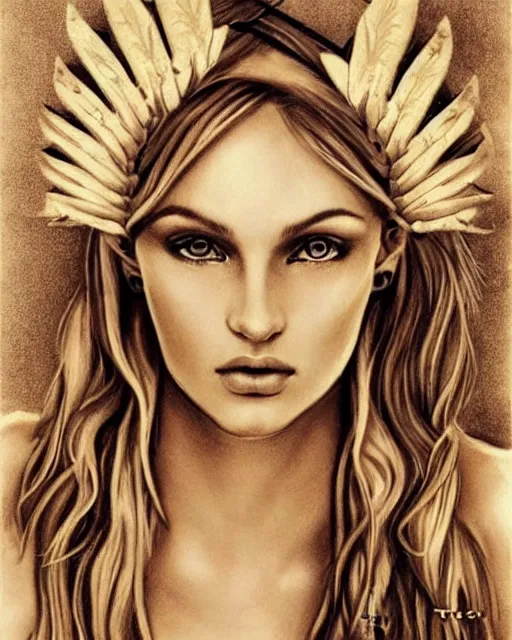 Prompt: tattoo sketch of beautiful model as aphrodite greek goddess wearing a laurel wreath and arrowhead earrings, hyper - realistic, beautiful piercing eyes, small and sharp pupils, sexy look, beautiful blonde hair, in the style of matteo pasqualin, amazing detail, fantasy, elegant, smooth, sharp