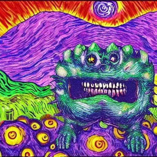 Image similar to Psychadelic Crungus, evil presence smiling menacing monster, horror Crungus in the style of a Magritte Lisa Frank Thomas Bacon Starry Night Van Gogh horror Crungus Halloween monster japanese_ogre