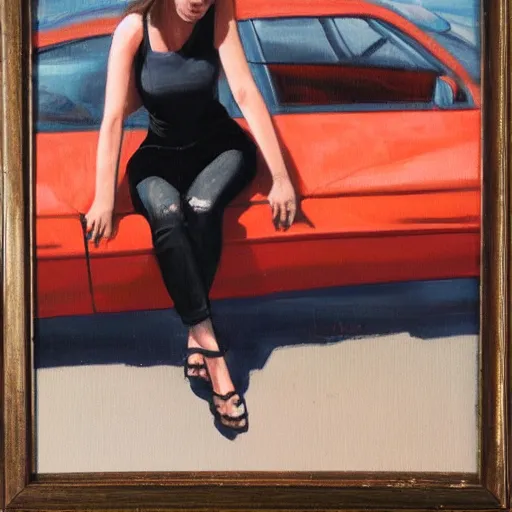 Prompt: girl sitting on car, oil painting by ian francis