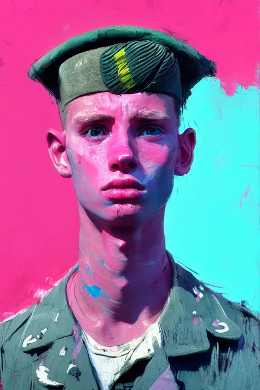 Image similar to portrait of a young soldier boy nor living in a death postapoliptic world, painted in acrylic, in the colors hot pink and cyan, beautiful realistic face, rule of thirds, dutch soldier outfit, spotlight, by greg rutkowski, by jeremy mann, by francoise nielly, by van gogh, digital painting