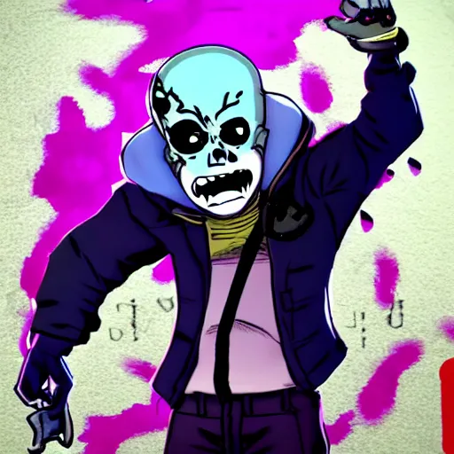 Image similar to Sans from undertale drawn in Jojo's Bizarre Adventure doing a jojo pose