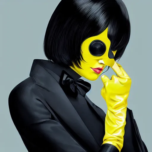 Prompt: slim girl in yellow snake skin tuxedo and black leather gloves with short black hair and with black eye patch, elegant, 2d, ultra highly detailed, digital painting, smooth, sharp focus, artstation, art by Ilya Kuvshinov