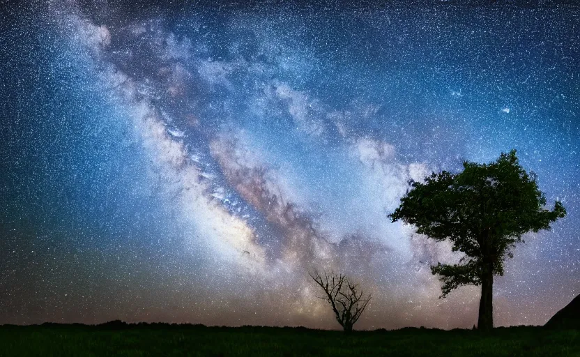 Prompt: night photography of the milky way with a tree in foreground, highly detailed, photorealistic