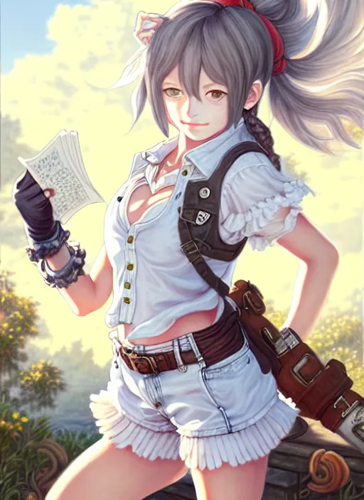 Prompt: a portrait of catgirl wearing white vest, and denim shorts an ultrafine detailed painting, detailed painting, beatyfull eyes, octopath traveler