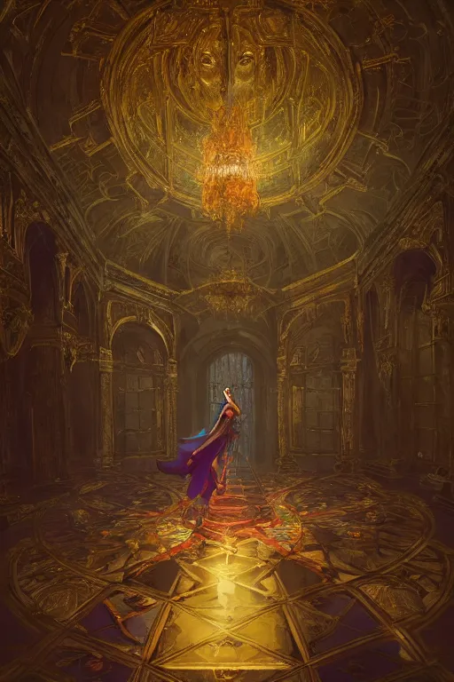 Prompt: the opulent magician casts spells inside the Palace of Versailles, fantasy game art by Greg Rutkowski, fantasy RPG, magic, spells, occult, by Ross Tran, rich and bright colors, concept art, cinematic lighting, artstation, cel-shaded, League of Legends splash art