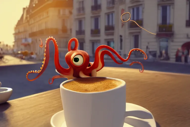 Image similar to Funny little octopus crawling out from a cup of coffee in beautiful morning café in Paris. Pixar Disney 4K 3d render funny animation movie Oscar winning trending on ArtStation and Behance. Ratatouille style.