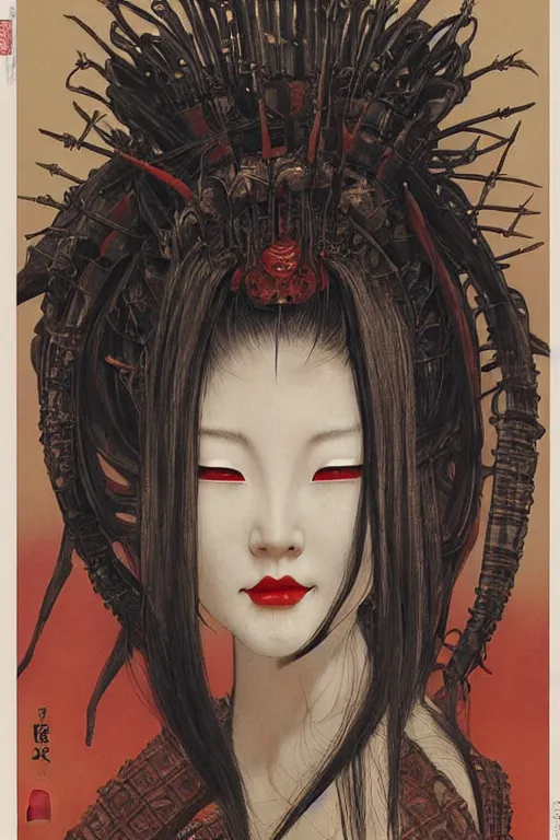 Prompt: painting of a geisha queen by brain froud, dave dorman, takato yamamoto, h. r. giger, red