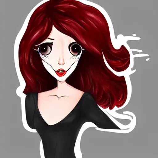 Image similar to a cartoon illustration portrait of a beautiful cute girl with wavy black red hair, a pointy nose and, round chin black eyeliner, trending on artstation