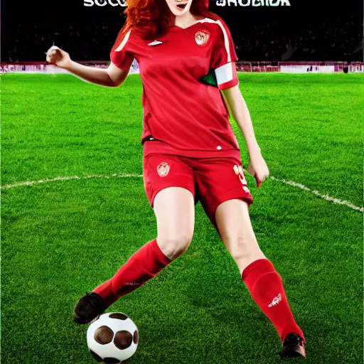 Image similar to Christina Hendricks as soccer player scoring goal, realistic, 4k,