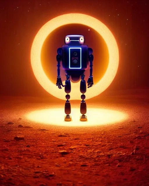 Image similar to a robot standing in front of a glowy open door that's on a barren moon, poster art by mike winkelmann, trending on cg society, space art, sci - fi, ue 5, futuristic, volumetric lighting, light casting onto the ground, neat composition and camera angle