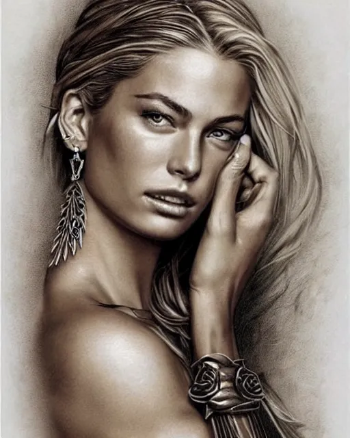Prompt: tattoo sketch of beautiful jessica hart as a beautiful greek goddess aphrodite with arrowhead earrings, beautiful piercing eyes with sexy look, beautiful blonde hair, hyper realistic face, in the style of greg rutkowski, fantasy, amazing detail, epic, elegant, smooth, sharp focus