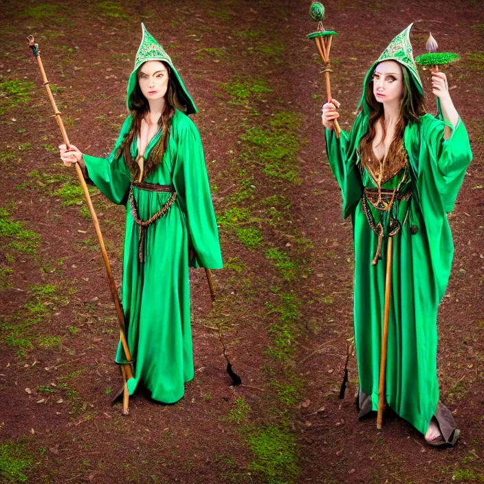 Image similar to photograph of a real-life beautiful earth witch with ornate green robes and staff. Extremely detailed. 8k