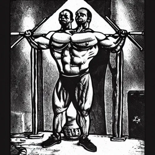 Image similar to santa lifting weights, squats, gothic triptych