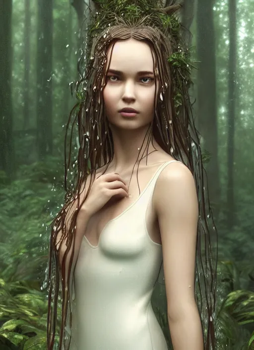 Image similar to young woman beautiful face : : wet hair and white dress : : raining forest nature : : weta disney pixar movie still photo : : decadent highly - detailed digital painting, full length shot, golden ratio, octane render, artstation, smooth, sharp focus, artgerm, mucha, loish, wlop, gogo