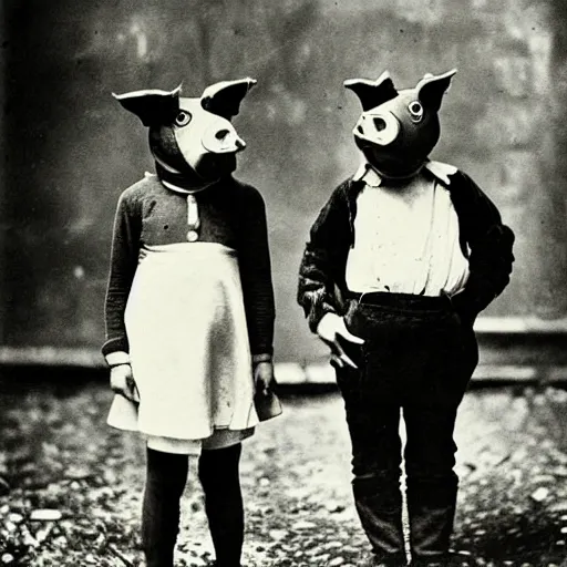 Image similar to portrait of children wearing pig masks, photograph, style of atget, 1 9 1 0, creepy, dark