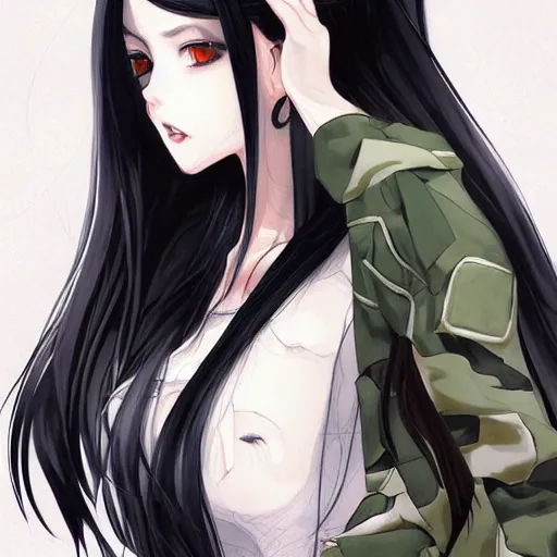 Image similar to portrait of a beautiful girl with long black hair, wearing police riot uniform, drawn by WLOP, by Avetetsuya Studios, attractive character, colored sketch anime manga panel, trending on Artstation