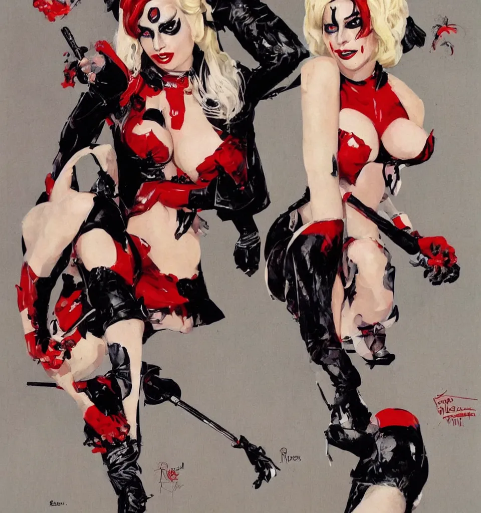 Prompt: a beautiful pinup art of lady gaga dressed up as harley quinn, single full body portrait poster, by robert mcginnis