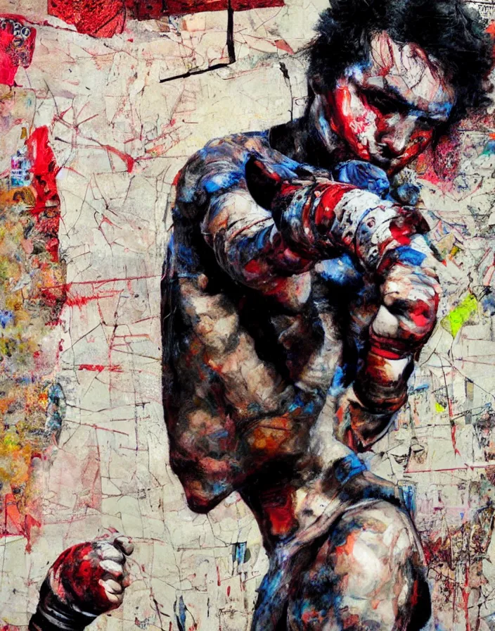 Prompt: young fight club fighter in action detailed analogue mixed media collage with canvas texture in style of contemporary art, punk art, hyperrealistic beautiful face, photorealism, expressionism, masterpiece, perfect composition, spectacular quality, intricate oil details, dark background