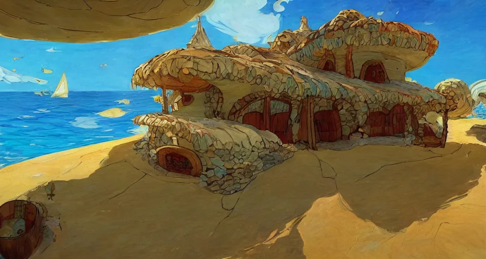 Prompt: house made of seashells, by moebius, joaquin sorolla, in the style of zelda windwaker