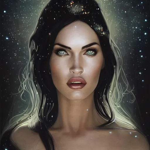 Prompt: portrait of megan fox wearing a black dress with galaxy lights and stars, sultry body with sexy belly, fantasy, intricate, elegant, highly detailed, digital painting, artstation, concept art, matte, sharp focus, perfect face symmetry, illustration, art by aenaluck and roberto ferri and greg rutkowski, epic fantasy, digital painting