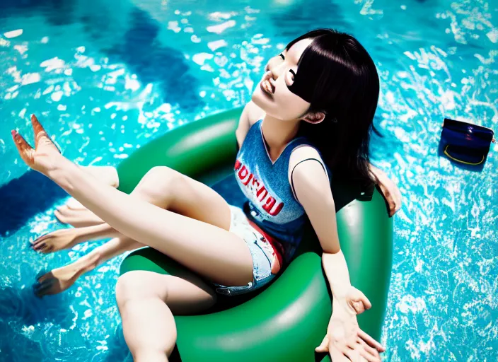 Image similar to closeup portrait of tsuyu asui from my hero academia relaxing in jeans and a t - shirt on a floating pool chair, sunny, bright, reflections, intricate, sharp focus, lens flare, bloom, illustration, highly detailed, digital painting, concept art, matte, art by ruan jia and wlop and greg rutkowski, masterpiece