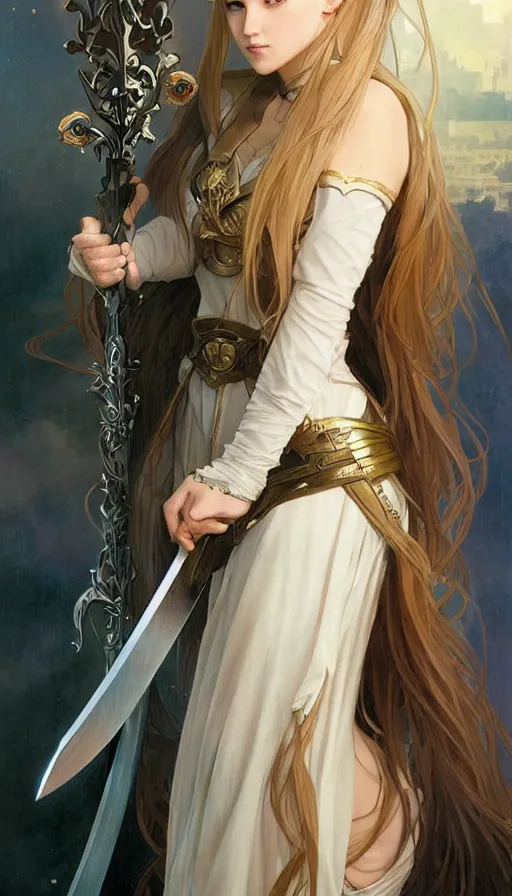 Prompt: A portrait of a girl with starry eyes, long white hair, holding a great sword art by artgerm and greg rutkowski and alphonse mucha