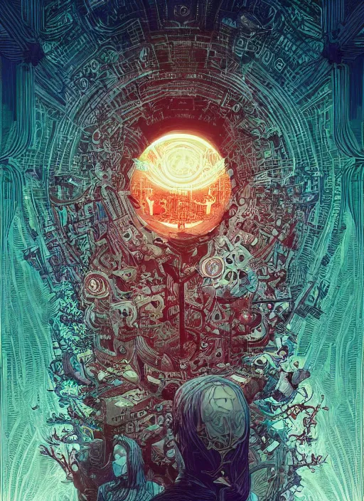 Prompt: We all live in a dystopian society cherishing silently the evil within, intrincate, maximalism, by Michael Whelan! Victo Ngai, Tyler Edlin, Ayami Kojima